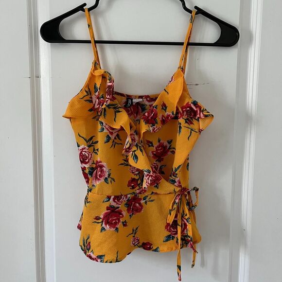 H&M Mustard Yellow Kimono Wrap Cami with Floral Print & Ruffles - Picture 3 of 6